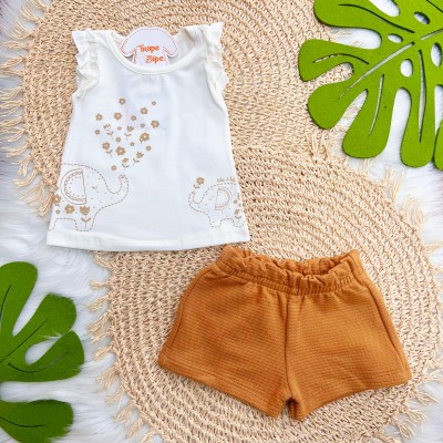Conj. Regata Elefantinhos e Short - Off White e Marrom